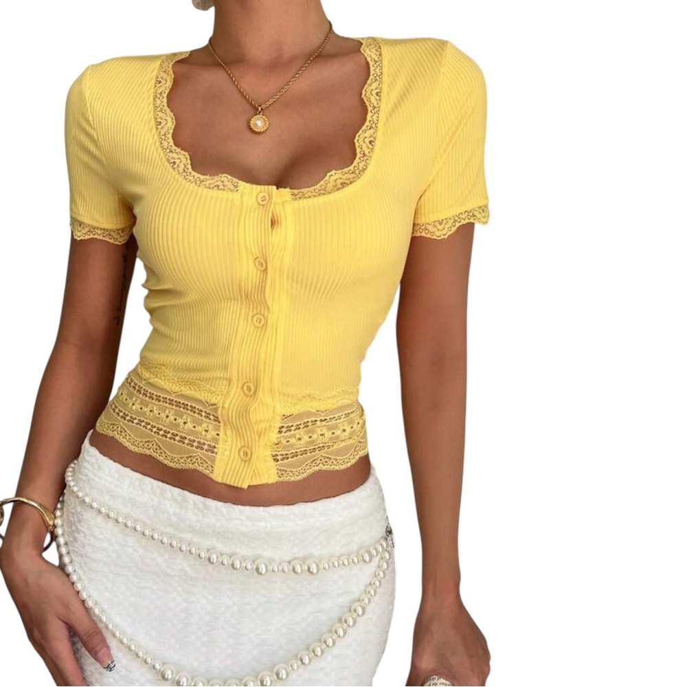 Yellow Lace-Trim Ribbed Crop Top